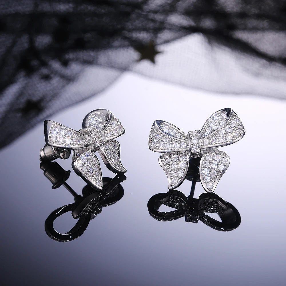 Romantic Bowknot Women Stud Earrings Full Paved Shiny Crystal Zircon Delicate Girl Accessories Fashion Earrings Jewelry - EUFASHIONBAGS