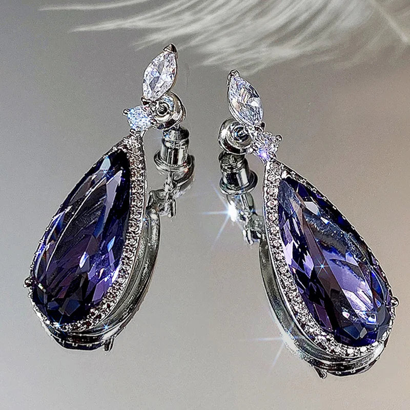 Charming Water Drop Purple CZ Drop Earrings for Women Luxury Bridal Wedding Jewelry Lady's Earrings