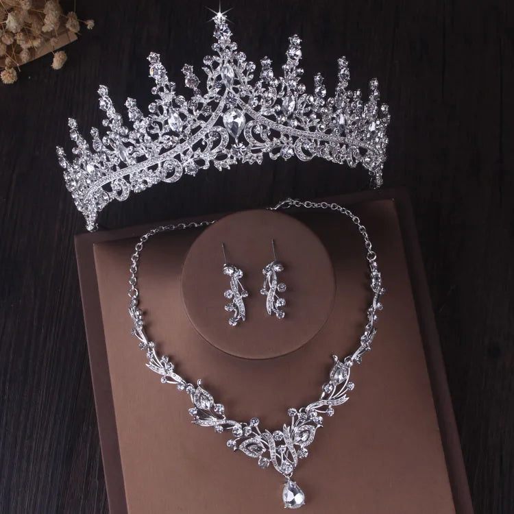 Luxury Baroque Silver Color Crystal Bridal Jewelry Sets Rhinestone Crown Tiara Choker Necklace Earring Wedding Dubai Jewelry Set - EUFASHIONBAGS