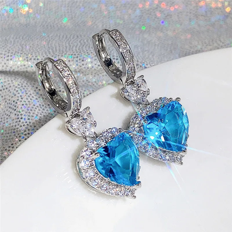 Blue/Garnet Heart Cubic Zirconia Wedding Earrings for Women Eternity Love Earrings Engagement Accessories Fashion Jewelry