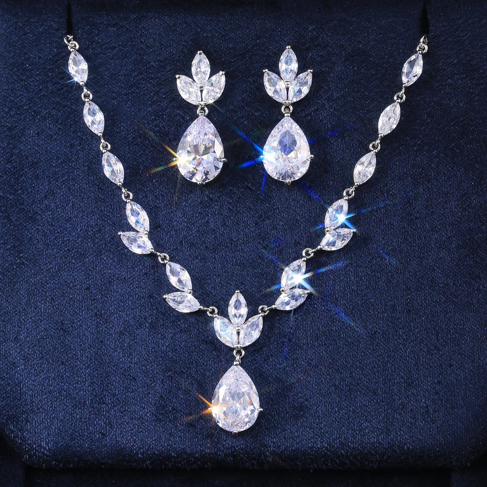 Fashion Necklace/Earring Jewelry Set Women Wedding Party High Quality Pear Shape Shiny Zircon Valentines Gift - EUFASHIONBAGS