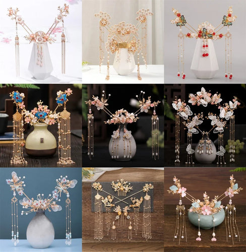 Chinese Long Hair Stick tiara Headpiece Women Hair Accessories Flower Crystal Pearl Hair Pins Handmade Hanfu Hair Jewelry Set