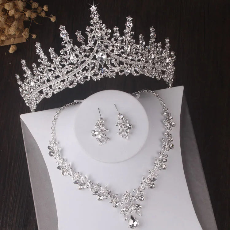 Luxury Silver Color Crystal Leaves Bridal Jewelry Sets Baroque Tiaras Crowns Earrings Choker Necklace Wedding Dubai Jewelry Set - EUFASHIONBAGS