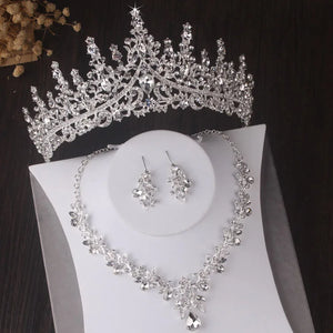 Luxury Silver Color Crystal Leaves Bridal Jewelry Sets Baroque Tiaras Crowns Earrings Choker Necklace Wedding Dubai Jewelry Set