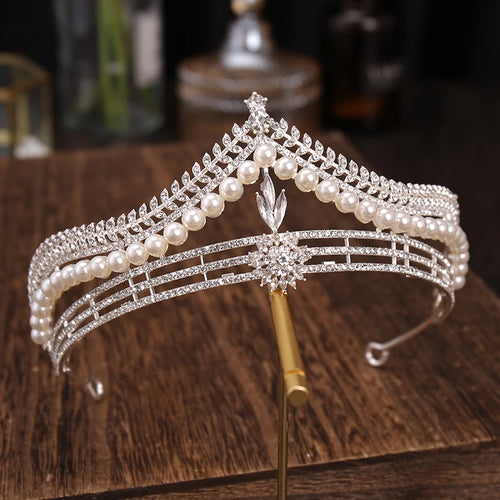 Silver Color Crystal Pearl Crown and Tiaras For Women Bride Wedding Hair Accessories Bridal Hair Jewelry Crown Hair Ornaments