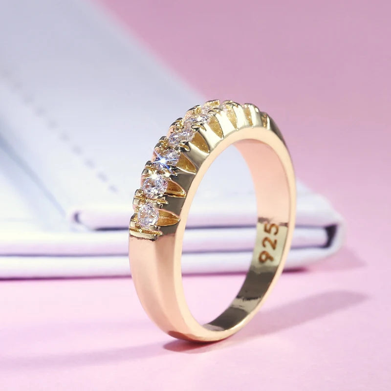 High Quality Office Lady Accessories Rings Golden Color Halo Micro Paved Casual Style Female Jewel With Size 6-10