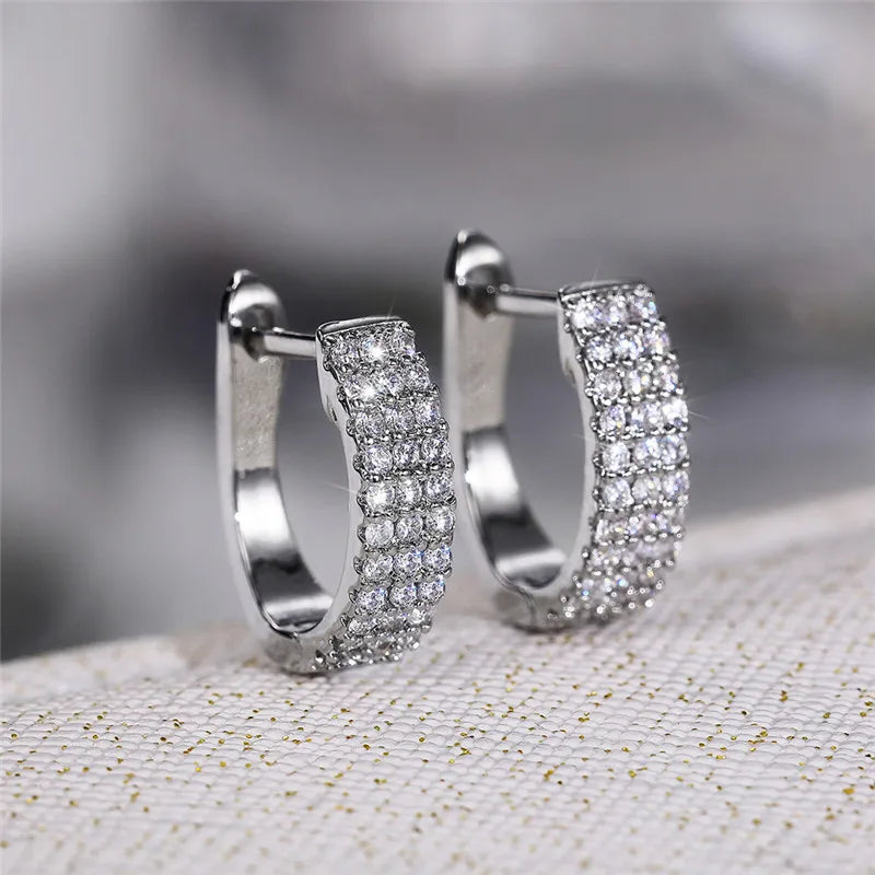 Dainty U Shaped Hoop Earrings for Women Silver Color Circle Earring with Crystal CZ Stone Simple Stylish Female Jewelry