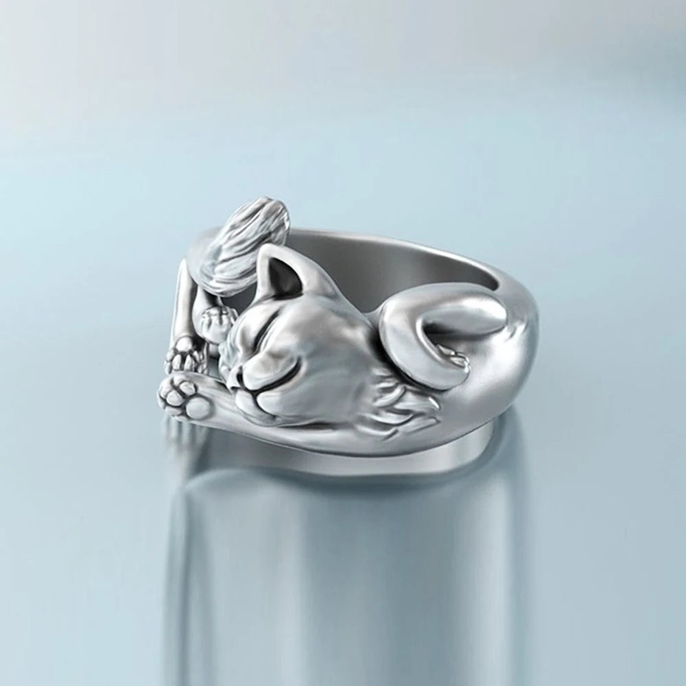 Cute Fortune Cat Shape Women Opening Rings Silver Color Dance Party Finger Ring Delicate Girl Gift New Fashion Jewelry