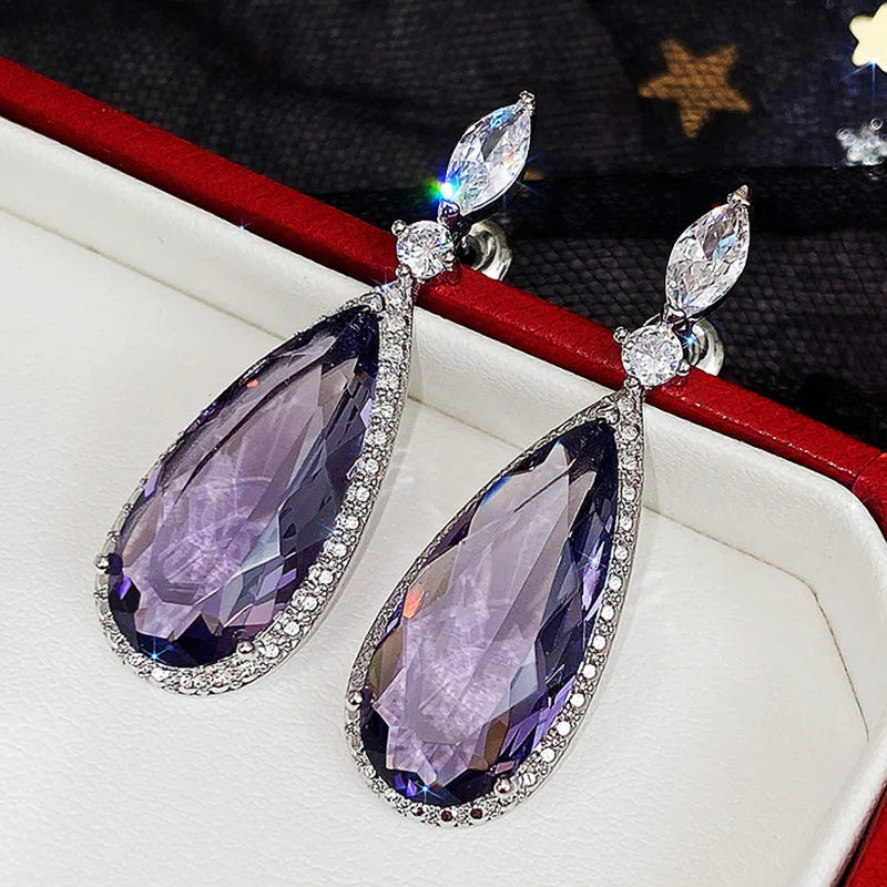 Charming Water Drop Purple CZ Drop Earrings for Women Luxury Bridal Wedding Jewelry Lady's Earrings