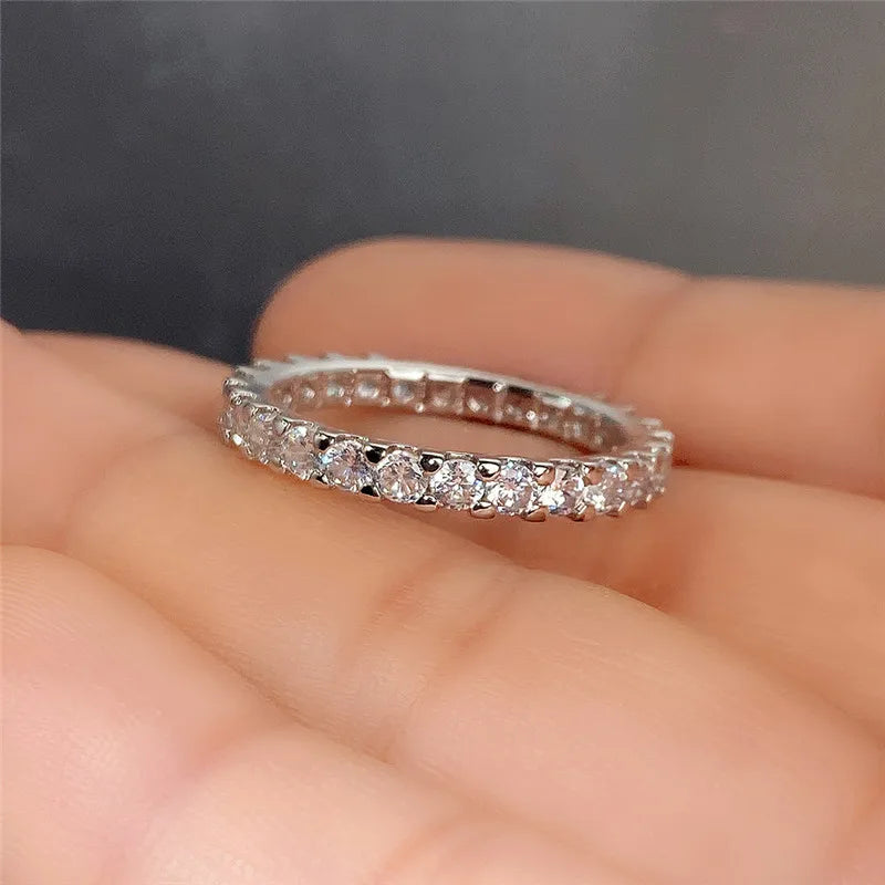 New Trendy Thin Finger Rings Silver Color Band with Shiny Cubic Zirconia Simple Stylish Daily Wear Accessories for Women