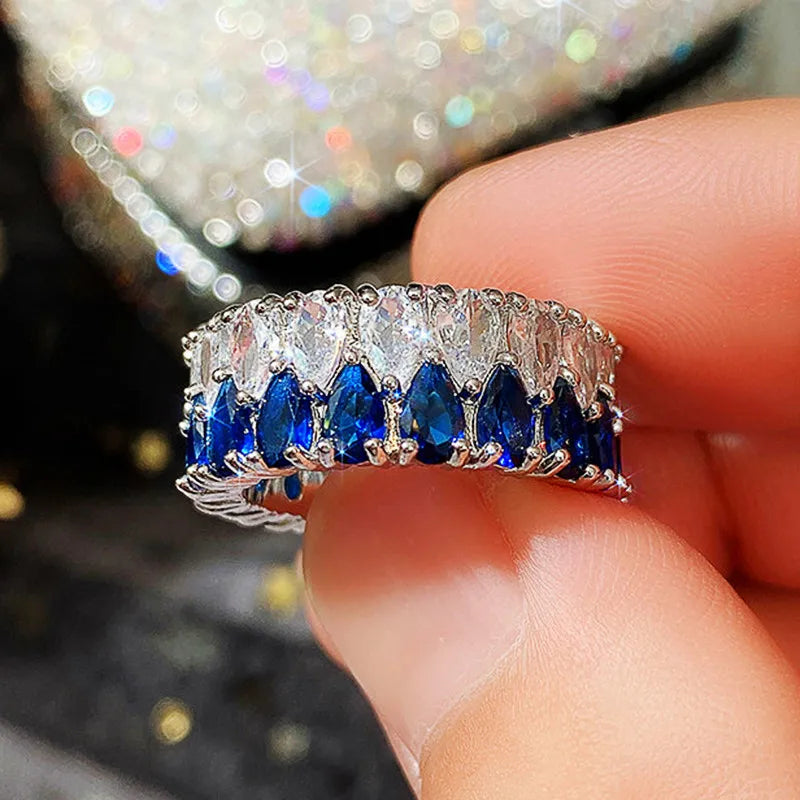 Trend Wedding Bands Rings for Women Blue/Green/Pink Teardrop CZ High Quality Silver Color Rings Statement Jewelry - EUFASHIONBAGS