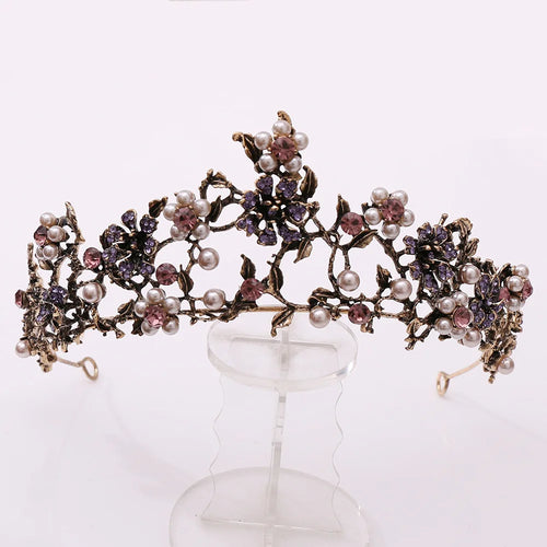 Baroque Vintage Black Purple Crystal Pearls Bridal Tiaras Crown Rhinestone Pageant Diadem Veil Tiara Wedding Hair Accessories