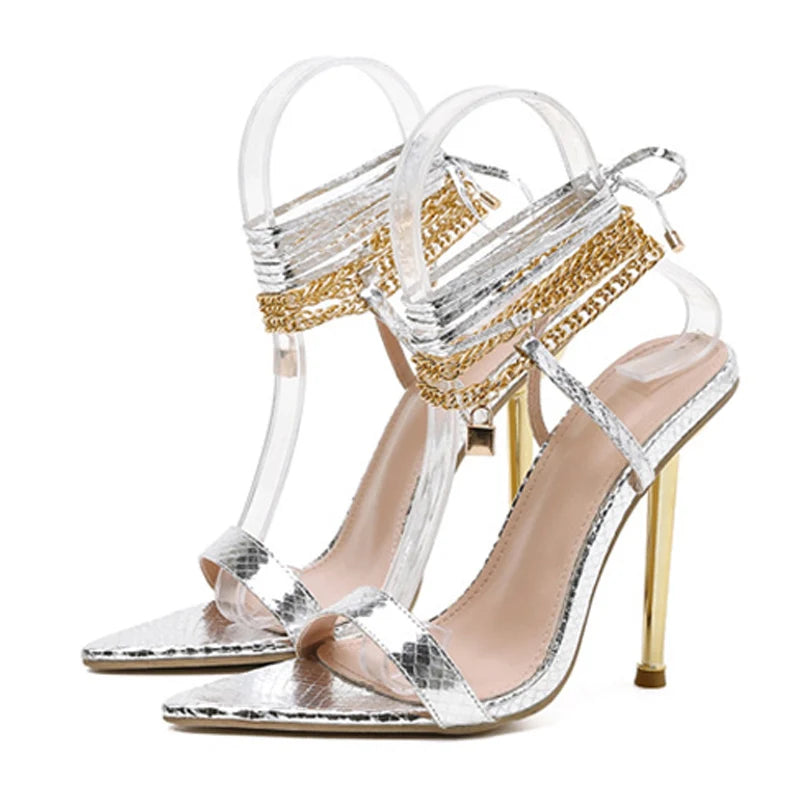 Women's Sandals High Heels 12CM New Chain Ankle Strap Gold White Pointed Toe Female Party Shoes Sandalias de mujer Size 35-42 - EUFASHIONBAGS