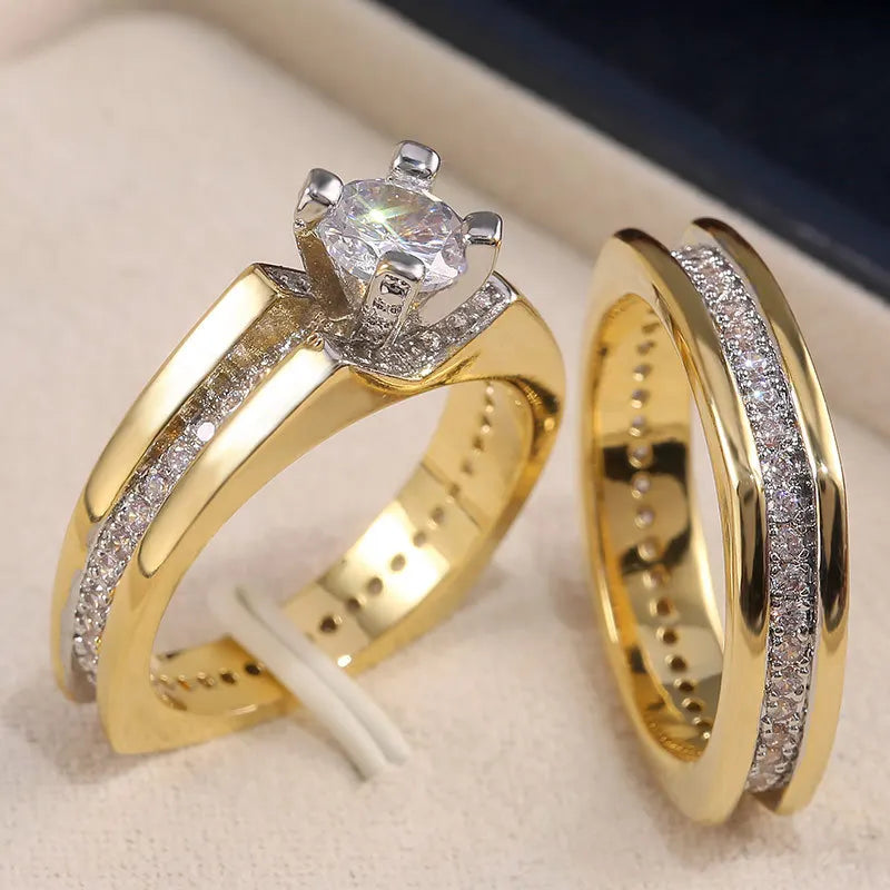 2Pcs Bridal Set Ring Luxury Gold Color Geometric Shape Wedding Jewelry Women Micro Pave CZ Lady Proposal Engagement Rings - EUFASHIONBAGS