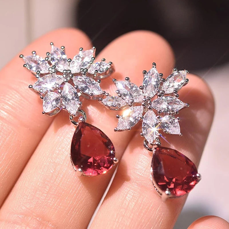 Gorgeous Women Wedding Dangle Earrings Red Water Drop Cubic Zirconia Noble Bridal Marriage Party Earring Trendy Jewelry - EUFASHIONBAGS