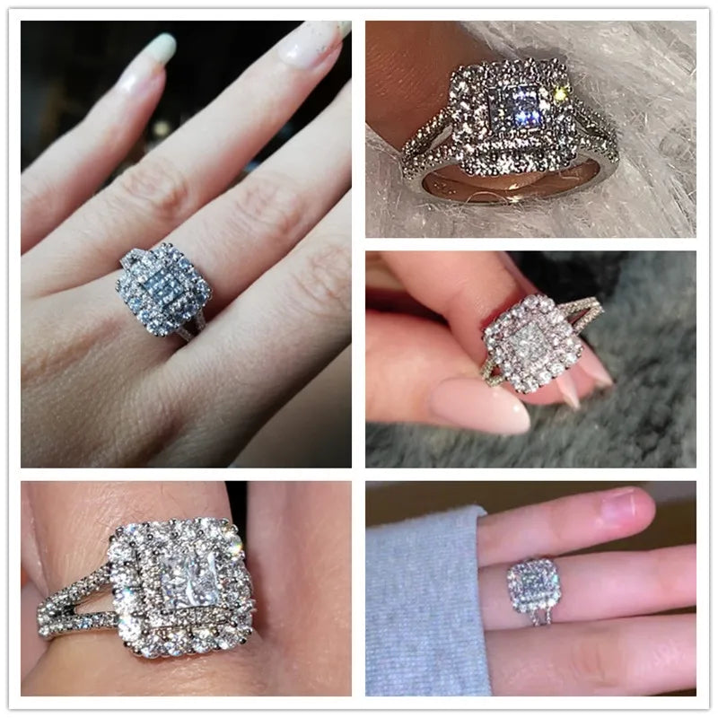 Square Shape Women Ring Full Bling Iced Out Micro Pave Crystal Zircon Dazzling Bridal Ring Wedding Engage Ring