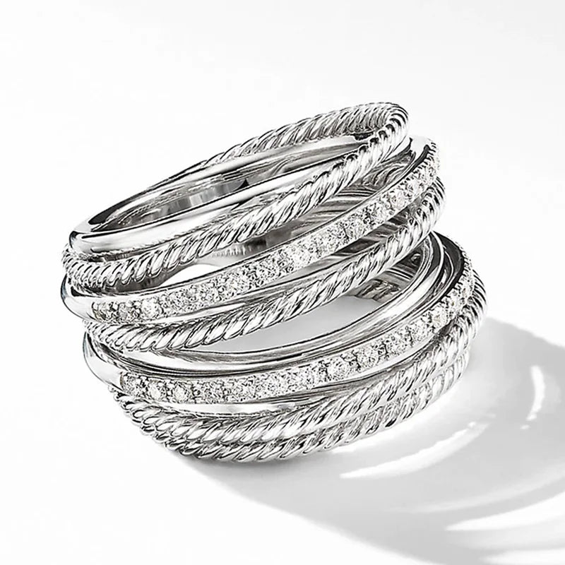 Silver Color Multiple Row Rings Shiny CZ Metallic OL Style Office Lady Versatile Finger Rings for Women Fashion Jewelry