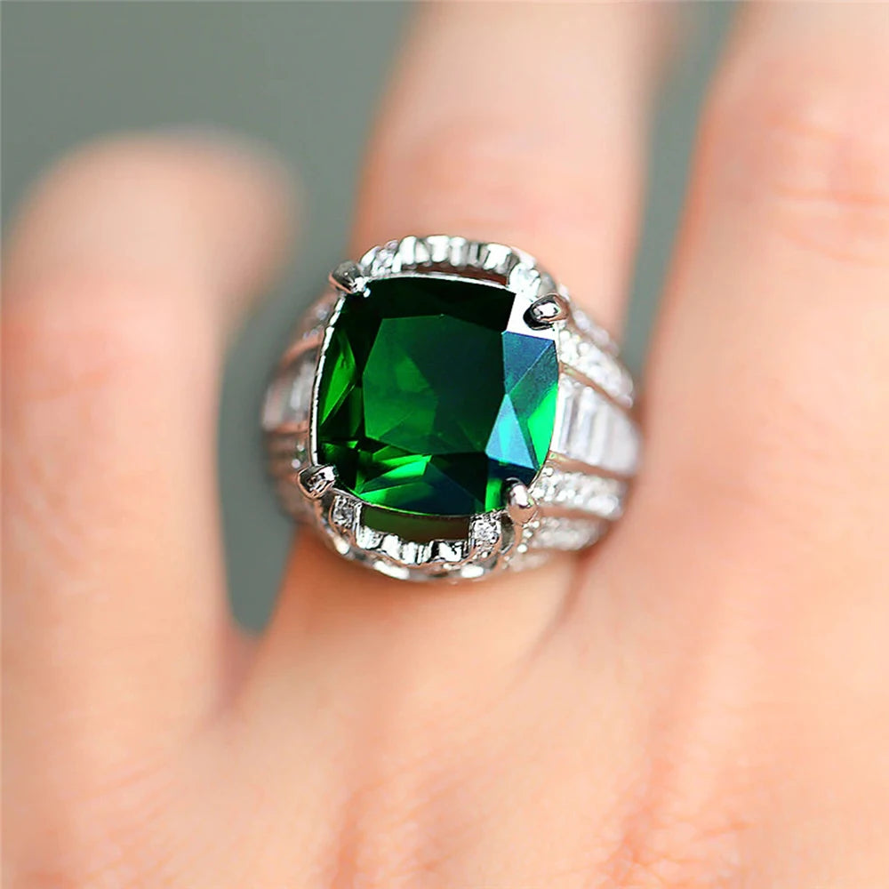 Square Green Stone Women Wedding Rings Micro Paved Shiny CZ Noble Lady Engagement Party Ring Fashion Jewelry - EUFASHIONBAGS