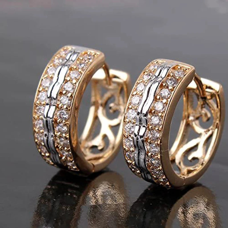 Two Tone Hoop Earrings for Women Micro Paved CZ Hollow Out Pattern Chic Female Earrings Fashion Jewelry