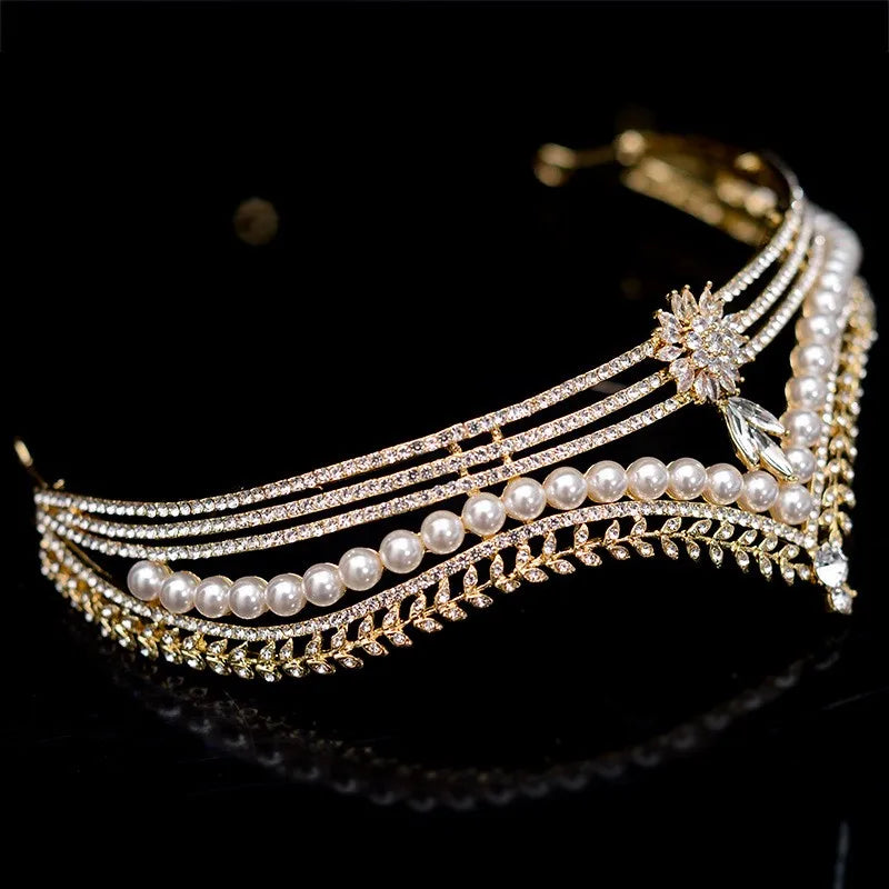 Baroque Retro Gold Color Crystal Pearl Bridal Tiaras Crown Geometric Rhinestone Pageant Diadem Headband Wedding Hair Accessories - EUFASHIONBAGS