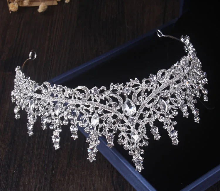 Luxury Silver Color Crystal Leaves Bridal Jewelry Sets Baroque Tiaras Crowns Earrings Choker Necklace Wedding Dubai Jewelry Set - EUFASHIONBAGS