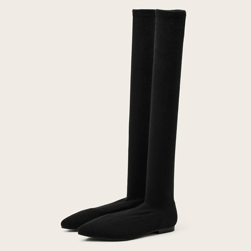 Size 34-40 Fashion Slim Leg Thigh High Sock Boots Women Black Stretch Fabric Pointed Toe Flat Heels Over The Knee Slip On Shoes - EUFASHIONBAGS