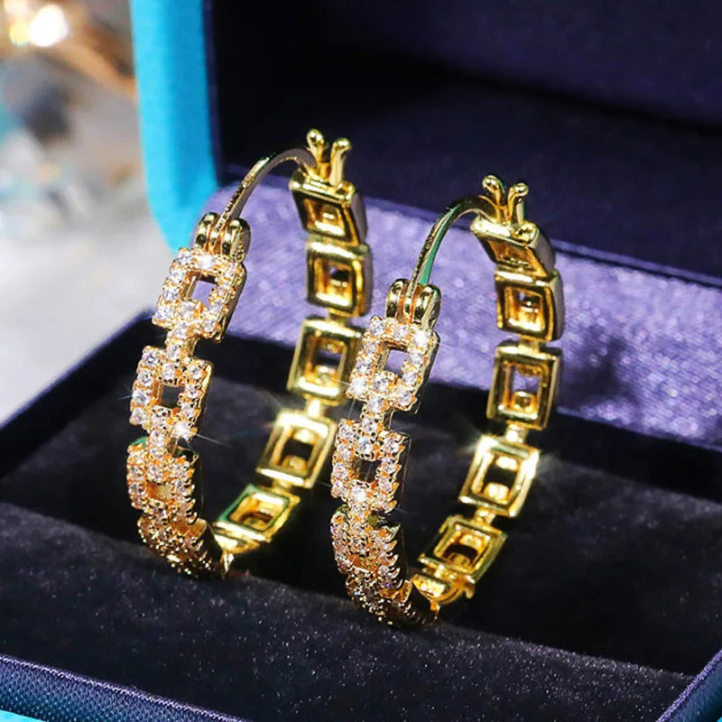 Fashion Linked Hoop Earrings for Women Dazzling Full Cubic Zirconia Luxury Girls Earrings Versatile Design Jewelry 2021 - EUFASHIONBAGS