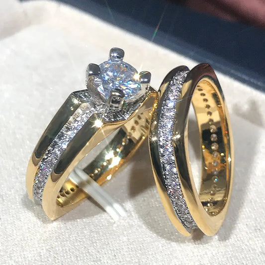 2Pcs Bridal Set Ring Luxury Gold Color Geometric Shape Wedding Jewelry Women Micro Pave CZ Lady Proposal Engagement Rings - EUFASHIONBAGS