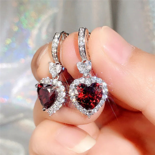 Blue/Garnet Heart Cubic Zirconia Wedding Earrings for Women Eternity Love Earrings Engagement Accessories Fashion Jewelry - EUFASHIONBAGS