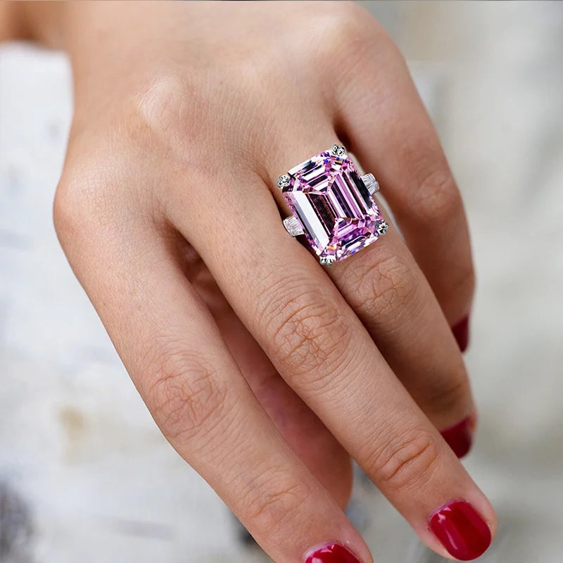 Simple Shiny Big Rectangle Zircon Women Rings White/Pink Stones Available Bridal Wedding Ring Top Quality Noble Lady Ring