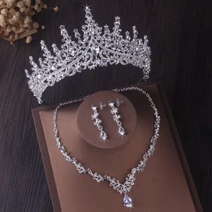 Luxury Silver Color Crystal Water Drop Bridal Jewelry Sets Rhinestone Tiaras Crown Necklace Earrings Wedding Dubai Jewelry Set