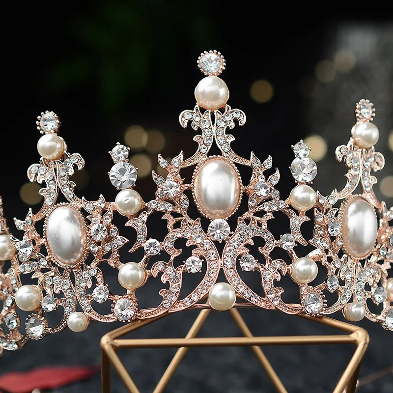 Baroque Luxury Silver Color Crystal Pearls Bridal Tiaras Crowns Rhinestone Pageant Diadem CZ Headbands Wedding Hair Accessories - EUFASHIONBAGS