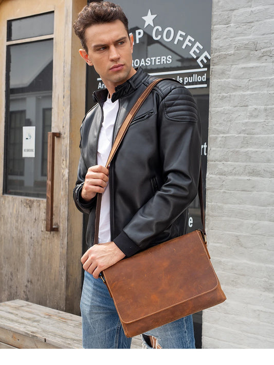 Crazy Horse Leather Men's Briefcases Laptop Bag Office Bags for Men Cover Messenger Bags Men's Leather Bag Computer Bags - EUFASHIONBAGS