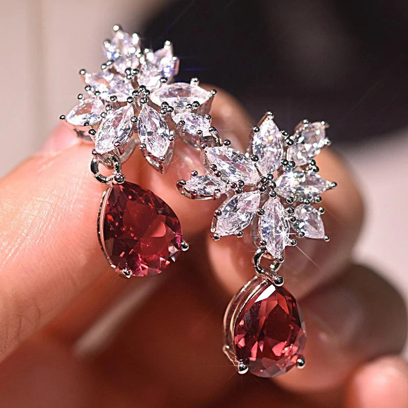 Gorgeous Women Wedding Dangle Earrings Red Water Drop Cubic Zirconia Noble Bridal Marriage Party Earring Trendy Jewelry