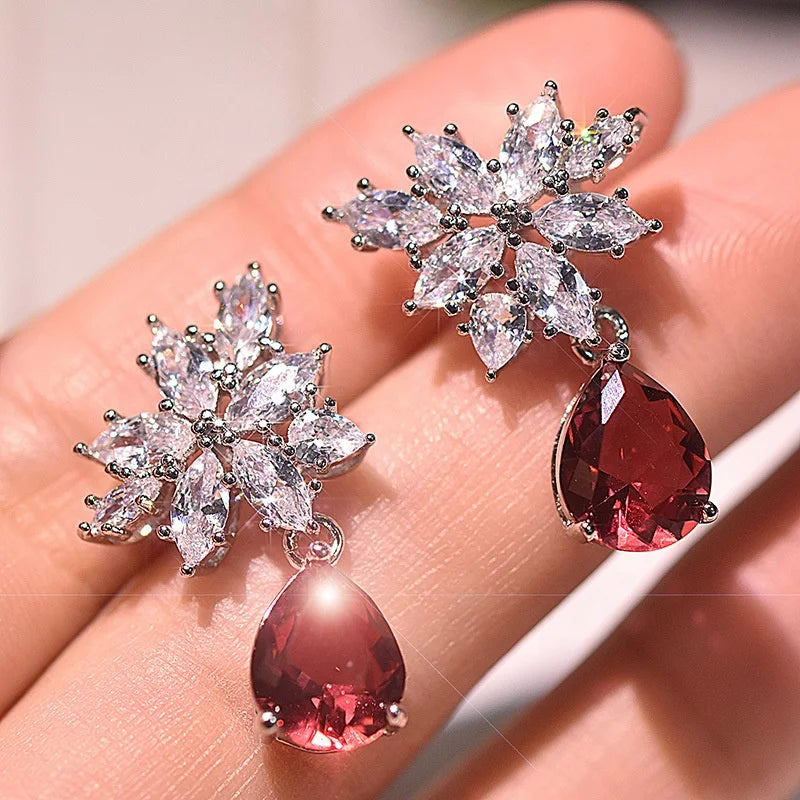 Gorgeous Women Wedding Dangle Earrings Red Water Drop Cubic Zirconia Noble Bridal Marriage Party Earring Trendy Jewelry - EUFASHIONBAGS