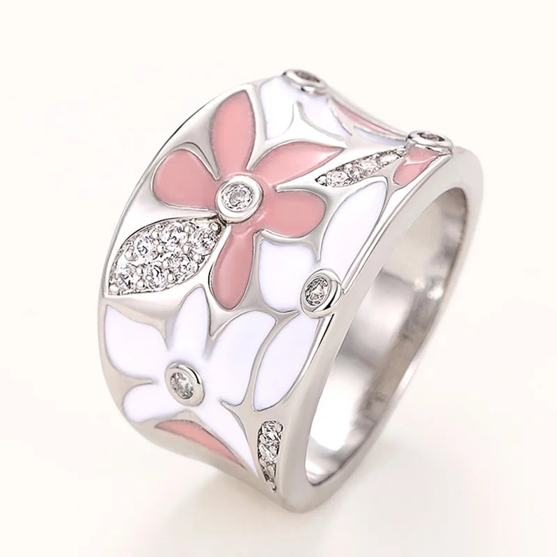 Aesthetic Enamel Flower Finger Ring for Women Wedding Party New 2023 Ring Silver Color Luxury Cubic Zirconia Jewelry Gift