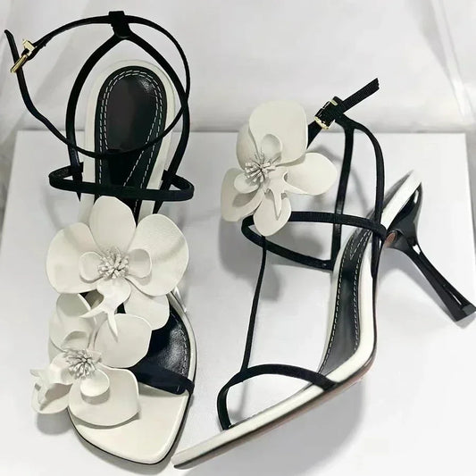 Flower Designer Heels Sandals Women Open Toe Narrow Band Slingback Shoes Ankle Strap Elegant Party Wedding Shoe Zapatos De Mujer