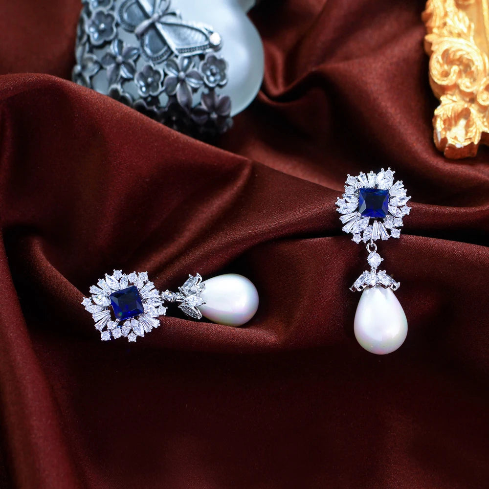 Sparkling Dark Blue Cubic Zirconia Dangling Drop Pearl Long Wedding Banquet Engagement Party Earrings for Women - EUFASHIONBAGS