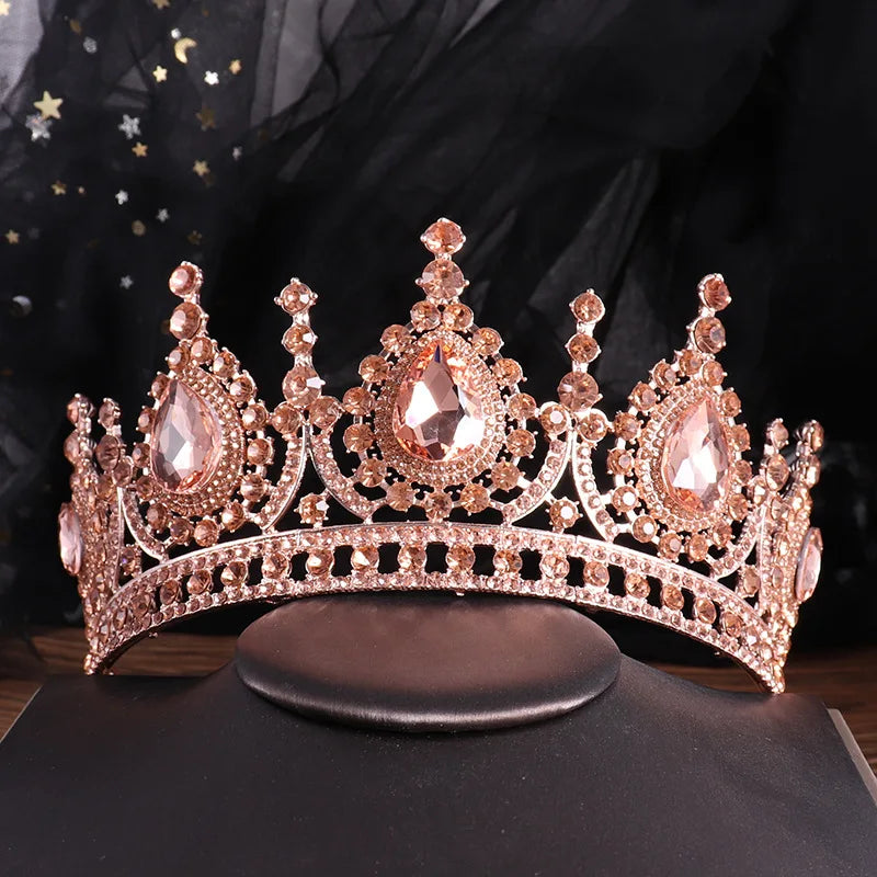 Baroque Vintage Peach Crystal Bridal Tiaras Queen Big Rhinestone Crown Women Beauty Pageant Diadem Wedding Hair Accessories Gift - EUFASHIONBAGS