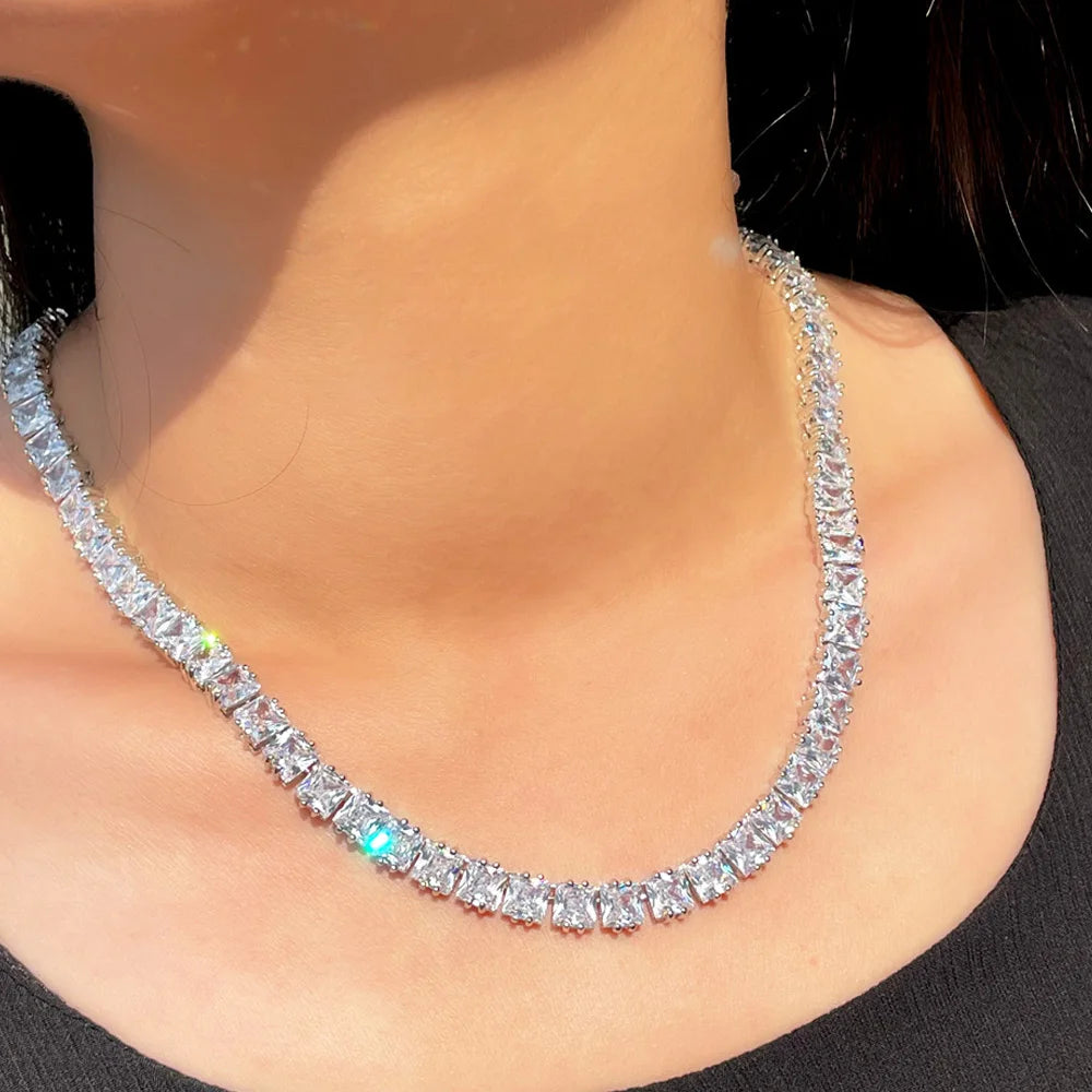 Sparkling White Cubic Zirconia Setting Chic Tennis Link Chain Wedding Bridal Party Choker Necklace for Women - EUFASHIONBAGS