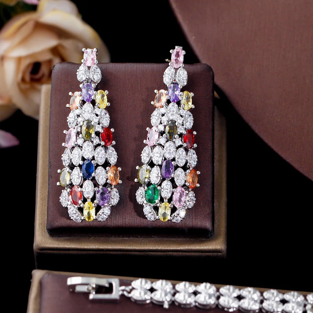 Heavy Cubic Zircon Stone Work Multicolor Big Necklace Arabic Dubai Bridal Jewelry Set Luxury Wedding Accessories