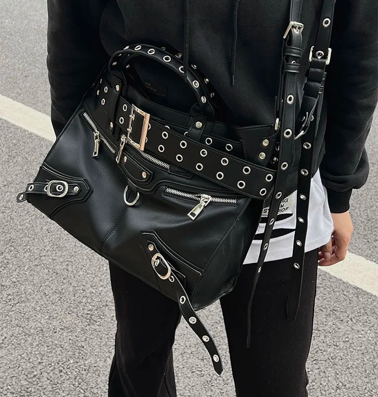 Rivet Black Tote Bag Women Y2k Grunge Vintage Large Crossbody Bags Ladies Moto Biker Luxury Designer Handbag