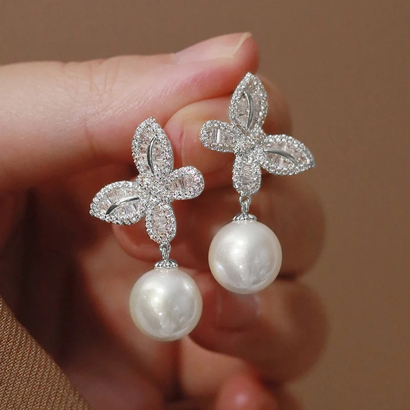 Aesthetic Butterfly Drop Earrings for Women Graceful Simulated Pearl Accessories for Wedding Bright Zirconia Jewelry Gift - EUFASHIONBAGS