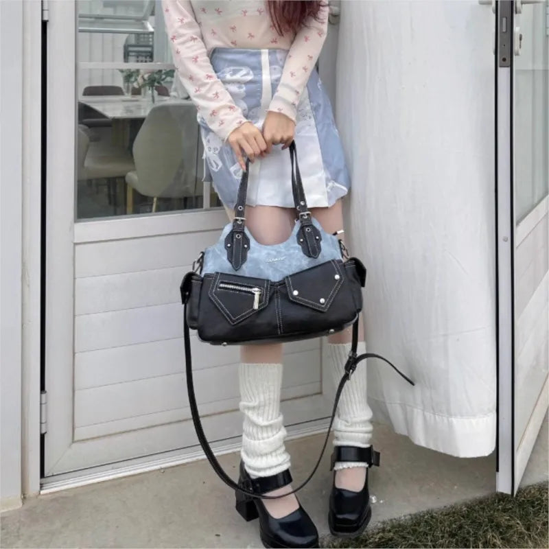 Vintage Casual Y2k Handbag Women High Street Patchwork Pocket Shoulder Bag Retro Large Tote Bag Chic