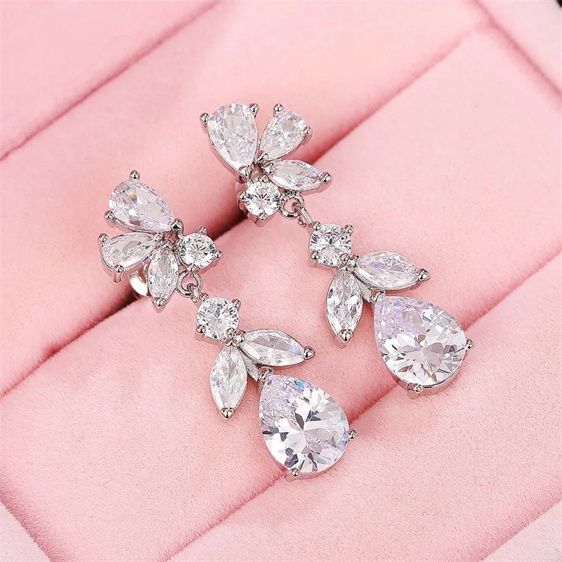 Aesthetic Design Women's Dangle Earrings with White Cubic Zirconia Wedding Engagement Bridal Earrings for Party Jewelry