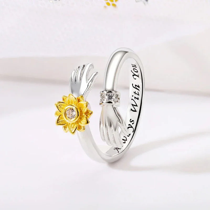 Yellow Sunflower Hand Hugging Design Women Rings "Always With You" Love Rings Two Tone Chic Opening Rings Trendy Jewelry - EUFASHIONBAGS