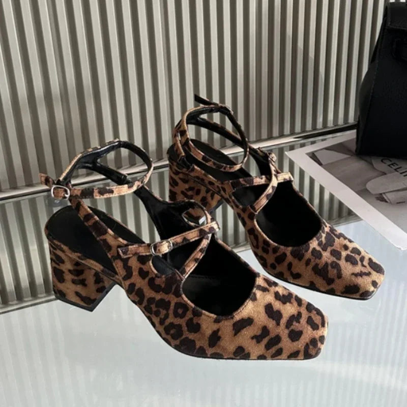 Mary Jane Shoes Women Cross Belt Buckle Fashion Chunky Slingback Shoes Leopard Elegance High Heeled Sandals Women