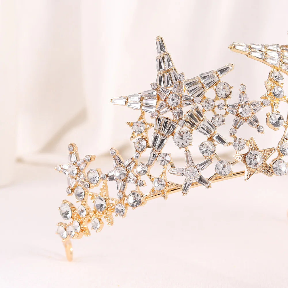 Baroque Star Crown Crystal Bridal Tiaras Rhinestone Pageant Diadem Bride Star Headdress Wedding Hair Accessories Tiara De Noiva - EUFASHIONBAGS