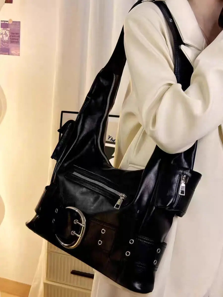 High Street Black Shoulder Bags Purse Women Sweet Cool Hot Girls Leather Y2k Handbag Female Retro Casual Crossbody Bags - EUFASHIONBAGS