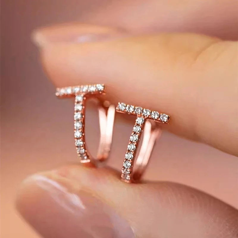 Chic Dainty Rose Gold Color Earrings for Women Fashion T Shaped Cubic Zirconia Hoop Earrings Simple Versatile Jewelry - EUFASHIONBAGS